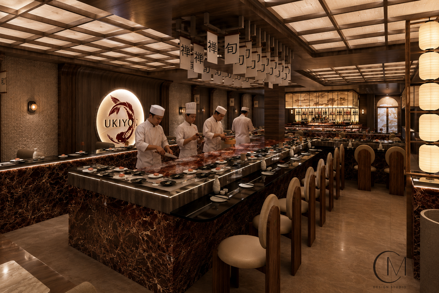 The UKIYO sushi counter and conveyor belt under lantern light
